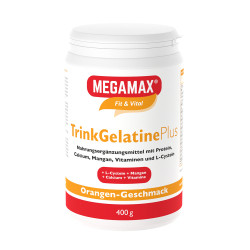 MEGAMAX<sup>®</sup> Trinkgelatine Plus + Mangan + L-Cystein + Calcium Orangengeschmack